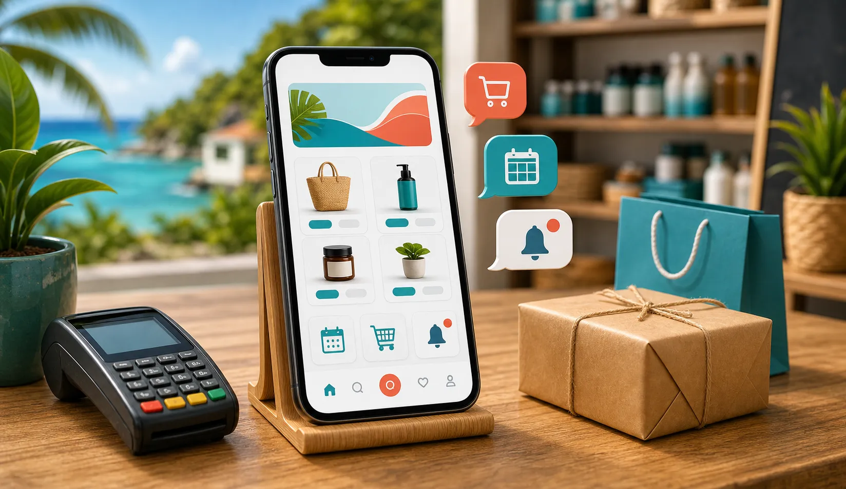 Application mobile de boutique sur un smartphone, à côté d un terminal de paiement