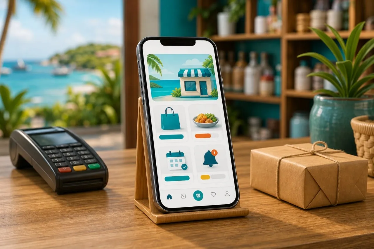 Application boutique mobile sur smartphone à côté d'un terminal de paiement