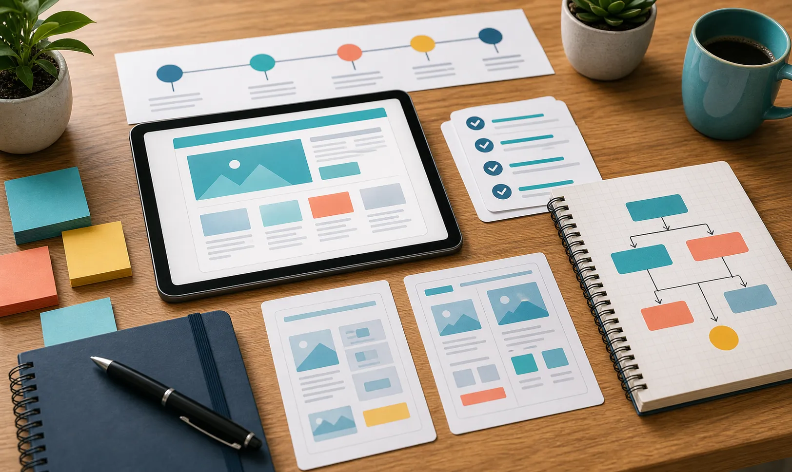 Wireframes, planning et checklists d un projet web poses sur un bureau