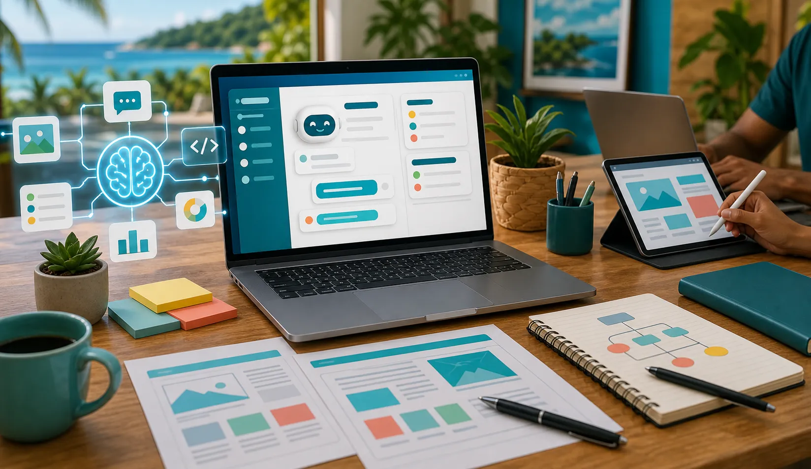 Ordinateur portable avec un assistant IA et des tableaux de bord, dans un bureau aux Antilles
