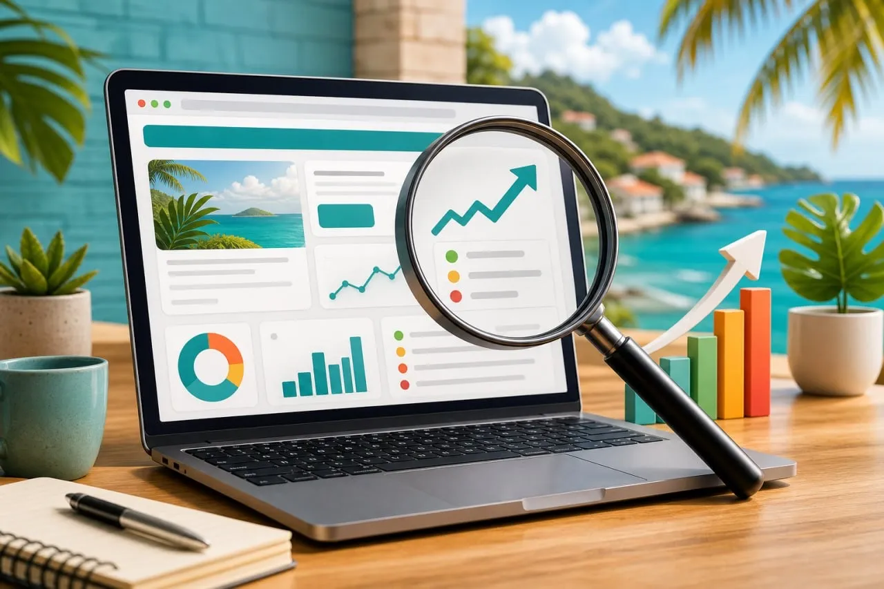 Tableau de bord analytics avec loupe et courbe de croissance